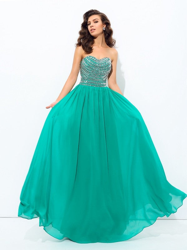 Vestidos largos de gasa sin mangas con escote corazón y cuentas, corte princesa/A